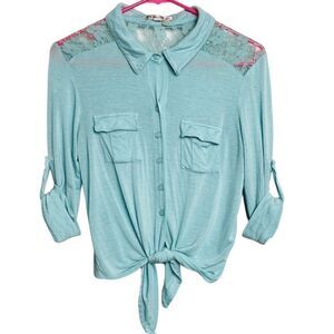 Teenbell front tie button down 3/4 sleeve top Tiffany blue Size Small